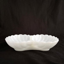 Load image into Gallery viewer, This pretty double sea shell milk glass soap dish was made for Avon in the 1970s. Perfect addition to coastal theme decor. Could be used as intended for soap or as a candy or trinket dish.  In excellent condition, no chips or cracks.  Size: 7.25&quot; x 5.25&quot; x 1.5&quot;
