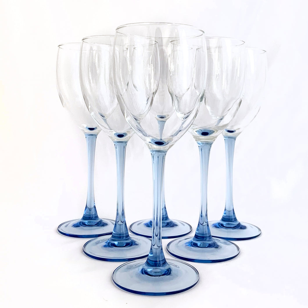 Delightful set of six (6) pale blue stemmed wine glasses in the 