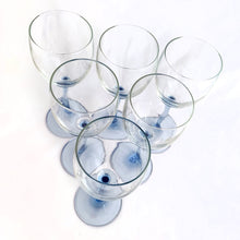 Load image into Gallery viewer, Delightful set of six (6) pale blue stemmed wine glasses in the &quot;Azur&quot; pattern. Produced in France by Cristal D&#39;Arques-Durand (Luminarc), between 1991 - 2006.  In excellent condition, free from chips/cracks.  Measures 2-3/4&quot; x 7-3/4&quot;
