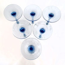 Load image into Gallery viewer, Delightful set of six (6) pale blue stemmed wine glasses in the &quot;Azur&quot; pattern. Produced in France by Cristal D&#39;Arques-Durand (Luminarc), between 1991 - 2006.  In excellent condition, free from chips/cracks.  Measures 2-3/4&quot; x 7-3/4&quot;
