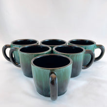 Load image into Gallery viewer, Vintage Blue Mountain Pottery Set of 6 Handled Green Black Drip Glaze Mugs Turquoise Tea Coffee hot chocolate beverage kitchen kitchenware Retro style 1970s Toronto Canada Freelton Antique Mall Home Decor Dinner Party Entertaining Lunch Brunch Toronto Canada Art
