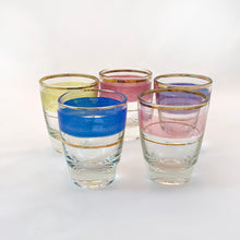 Load image into Gallery viewer, Vintage Mid Century Retro 1960&#39;s Colour and Gold Banded Shot Glasses
