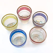 Load image into Gallery viewer, Vintage Mid Century Retro 1960&#39;s Colour and Gold Banded Shot Glasses
