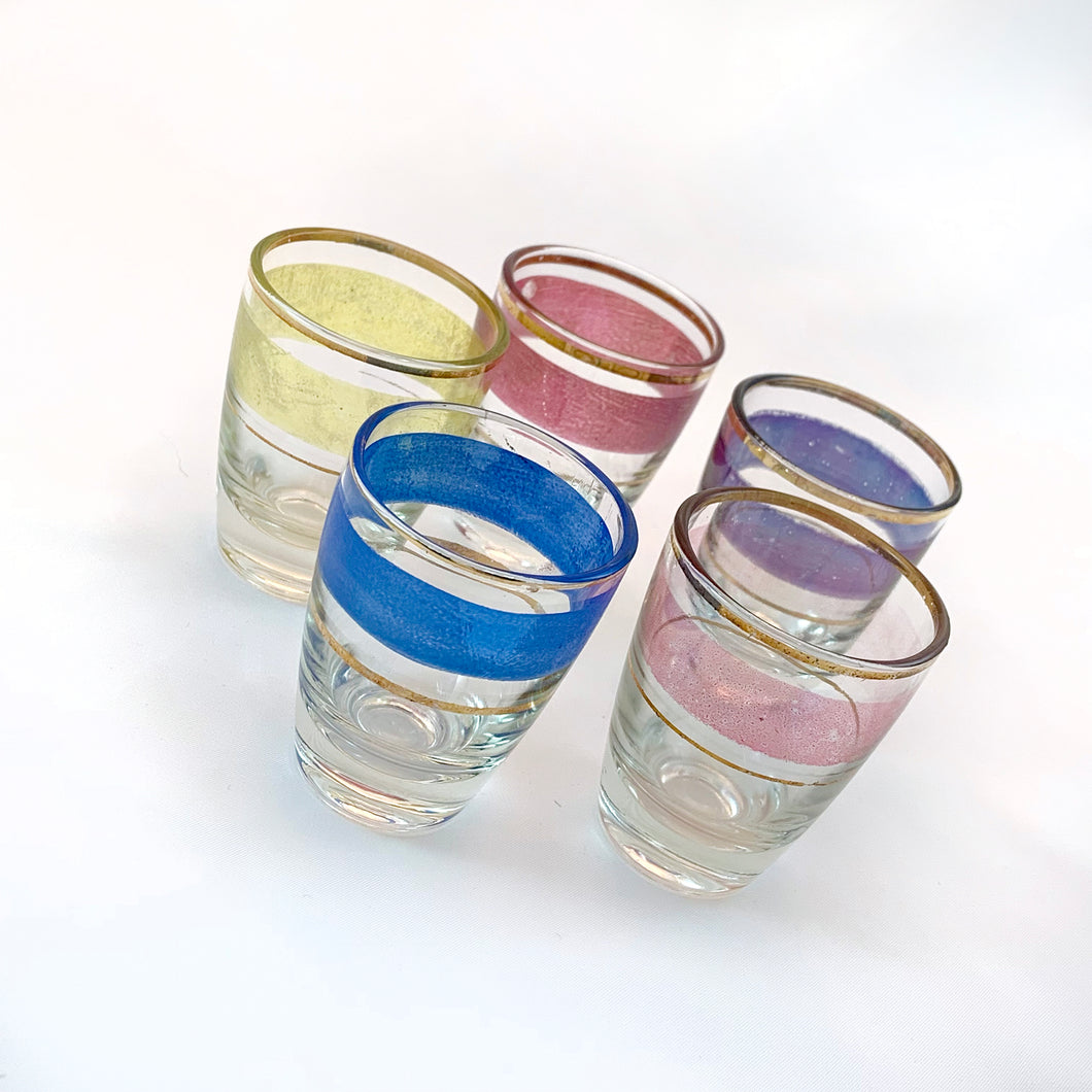 Vintage Mid Century Retro 1960's Colour and Gold Banded Shot Glasses