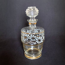 Load image into Gallery viewer, Vintage Tchecover Glass Liquor Decanter, Hand Painted with White Daisies and 24 Carat Gold Bands, Boussu Glass, Belgium Shabby Chic Flea Market Style Bar Barware Cart Cabinet Entertain Party Celebration Special Occasion Freelton Hamilton Antique Mall Toronto Canada
