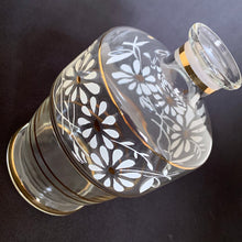 Load image into Gallery viewer, Vintage Tchecover Glass Liquor Decanter, Hand Painted with White Daisies and 24 Carat Gold Bands, Boussu Glass, Belgium Shabby Chic Flea Market Style Bar Barware Cart Cabinet Entertain Party Celebration Special Occasion Freelton Hamilton Antique Mall Toronto Canada

