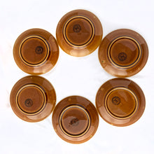 Load image into Gallery viewer, mid-century vintage  Bernadette coffee service. Includes coffee pot, creamer, covered sugar, six cups and saucers on the &quot;Delta&quot; shape. Boch Belgium, 1968.  hand painted in colours of deep green and brown on a white (off white) ground. In excellent used vintage condition. All pieces are free from chips/cracks/repairs with the exception of a minor chip to the sugar bowl lid and one saucer as shown in the photos.
