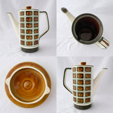 Load image into Gallery viewer, mid-century vintage  Bernadette coffee service. Includes coffee pot, creamer, covered sugar, six cups and saucers on the &quot;Delta&quot; shape. Boch Belgium, 1968.  hand painted in colours of deep green and brown on a white (off white) ground. In excellent used vintage condition. All pieces are free from chips/cracks/repairs with the exception of a minor chip to the sugar bowl lid and one saucer as shown in the photos.
