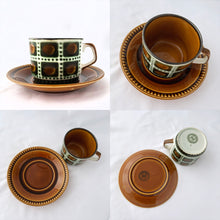 Load image into Gallery viewer, mid-century vintage  Bernadette coffee service. Includes coffee pot, creamer, covered sugar, six cups and saucers on the &quot;Delta&quot; shape. Boch Belgium, 1968.  hand painted in colours of deep green and brown on a white (off white) ground. In excellent used vintage condition. All pieces are free from chips/cracks/repairs with the exception of a minor chip to the sugar bowl lid and one saucer as shown in the photos.
