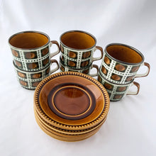 Load image into Gallery viewer, mid-century vintage  Bernadette coffee service. Includes coffee pot, creamer, covered sugar, six cups and saucers on the &quot;Delta&quot; shape. Boch Belgium, 1968.  hand painted in colours of deep green and brown on a white (off white) ground. In excellent used vintage condition. All pieces are free from chips/cracks/repairs with the exception of a minor chip to the sugar bowl lid and one saucer as shown in the photos.
