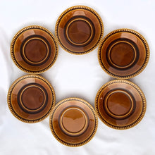 Load image into Gallery viewer, mid-century vintage  Bernadette coffee service. Includes coffee pot, creamer, covered sugar, six cups and saucers on the &quot;Delta&quot; shape. Boch Belgium, 1968.  hand painted in colours of deep green and brown on a white (off white) ground. In excellent used vintage condition. All pieces are free from chips/cracks/repairs with the exception of a minor chip to the sugar bowl lid and one saucer as shown in the photos.
