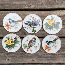 Load image into Gallery viewer, Vintage set of six (6) porcelain transferware drink coasters, decorated with colourful birds and gold rims. Made in Japan.  In excellent condition, free from chips/cracks.  Dimensions 3-3/4&quot; diameter
