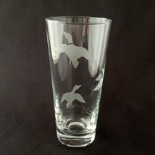 Load image into Gallery viewer, Fabulous mid century cocktail glass with etched frosted ducks in flight. Produced by the Libbey Glass Co. in the USA, circa 1970. These glasses will look fabulous on a bar cart and even better in your guests&#39; hands saying &quot;cheers&quot;!  Size: 3-1/8&quot; x 6-1/2&quot;
