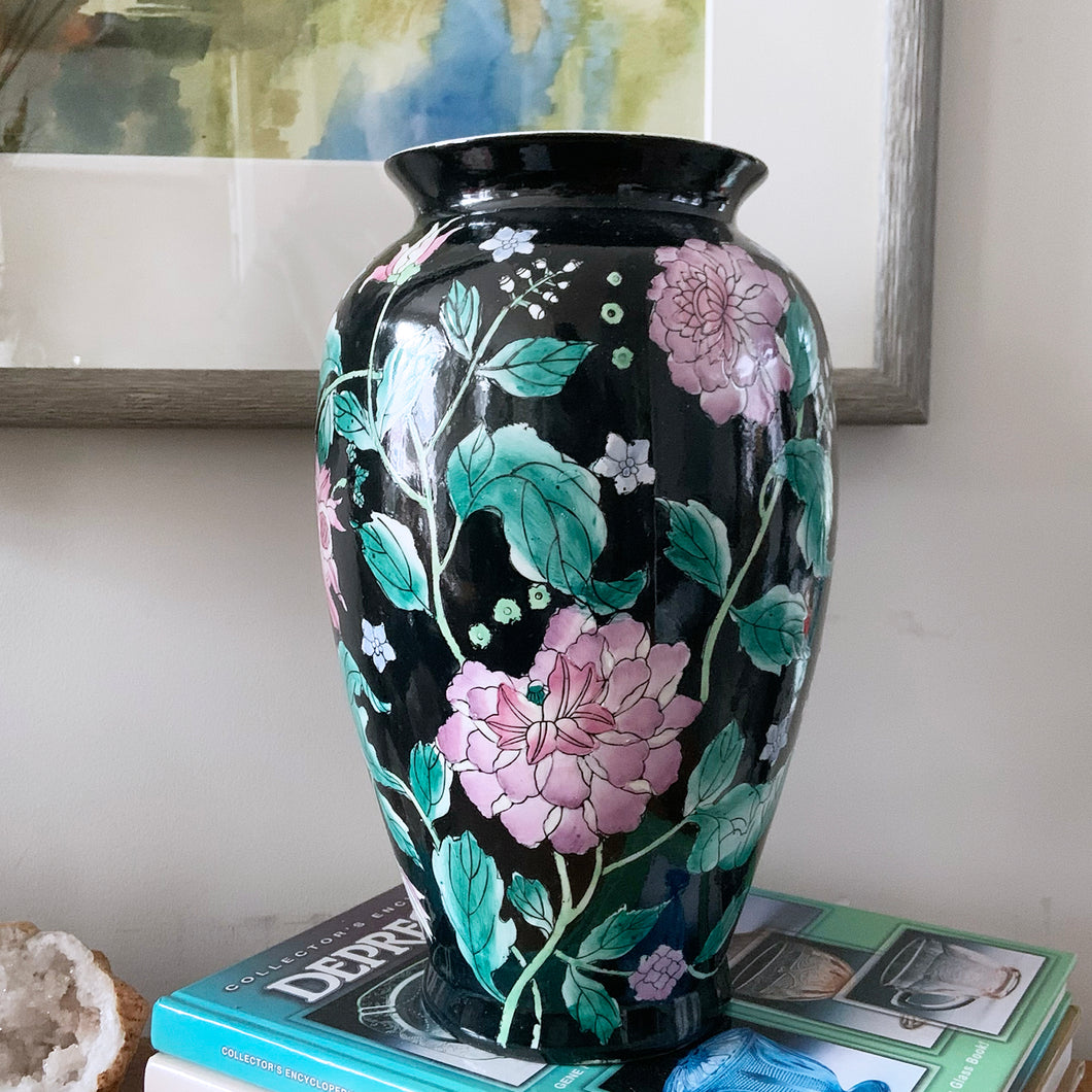 Lovely contemporary ceramic flower vase glazed in black and hand painted with pink peonies. Made in China.  In excellent condition, free from chips/cracks/repairs.  Measures 8 x 16 inches