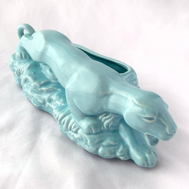 Rare vintage robin's egg blue figural stalking jaguar ceramic planter. Produced by  Cameron Clay Works, West Virginia, USA, circa 1950s. A great piece to start a collection. Fill with your favourite houseplant or succulents.  In excellent condition, free from chips/cracks/repairs.  Measures 8 3/4 x 3 5/8 x 3 1/8