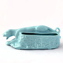 Load image into Gallery viewer, Rare vintage robin&#39;s egg blue figural stalking jaguar ceramic planter. Produced by  Cameron Clay Works, West Virginia, USA, circa 1950s. A great piece to start a collection. Fill with your favourite houseplant or succulents.  In excellent condition, free from chips/cracks/repairs.  Measures 8 3/4 x 3 5/8 x 3 1/8
