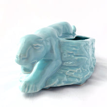 Load image into Gallery viewer, Rare vintage robin&#39;s egg blue figural stalking jaguar ceramic planter. Produced by  Cameron Clay Works, West Virginia, USA, circa 1950s. A great piece to start a collection. Fill with your favourite houseplant or succulents.  In excellent condition, free from chips/cracks/repairs.  Measures 8 3/4 x 3 5/8 x 3 1/8
