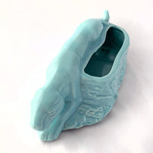 Load image into Gallery viewer, Rare vintage robin&#39;s egg blue figural stalking jaguar ceramic planter. Produced by  Cameron Clay Works, West Virginia, USA, circa 1950s. A great piece to start a collection. Fill with your favourite houseplant or succulents.  In excellent condition, free from chips/cracks/repairs.  Measures 8 3/4 x 3 5/8 x 3 1/8
