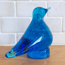 Load image into Gallery viewer, Delightful hand blown blue art glass bird paperweight with controlled bubbles. Produced by Altaglass of Medicine Hat Canada, 1979.  In excellent condition, free from chips/cracks/damage. Maker&#39;s marks on the bottom.  Measures 2-1/4&quot; x 4-5/8&quot; x 4&quot;
