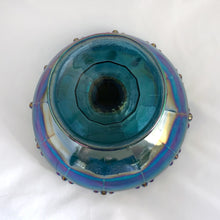 Load image into Gallery viewer, This vintage round &quot;Garland&quot; pedestal compote bowl with teardrops in gorgeous blue carnival glass certainly makes a statement! Produced by the Indiana Glass Company, USA, circa 1970 - 1990. Use it for candy, nuts, or repurpose on a bathroom vanity to hold cotton balls or bath bombs. This would also make a great catchall. It&#39;s such a strong statement piece and will and drama to any home decor style!  In excellent condition, no chips or cracks.  Measures 8 3/4 x 7 1/2 inches
