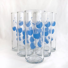 Load image into Gallery viewer, Fabulous set of six vintage Tom Collins drinking glasses, featuring blue cherries. Produced by O.R.E. in the United States. 1999. Perfect start or addition to your barware collection...cheers!  In excellent condition, free from chips/wear.  Measures 2 1/4 x 5 7/8 inches  Capacity 12 ounces
