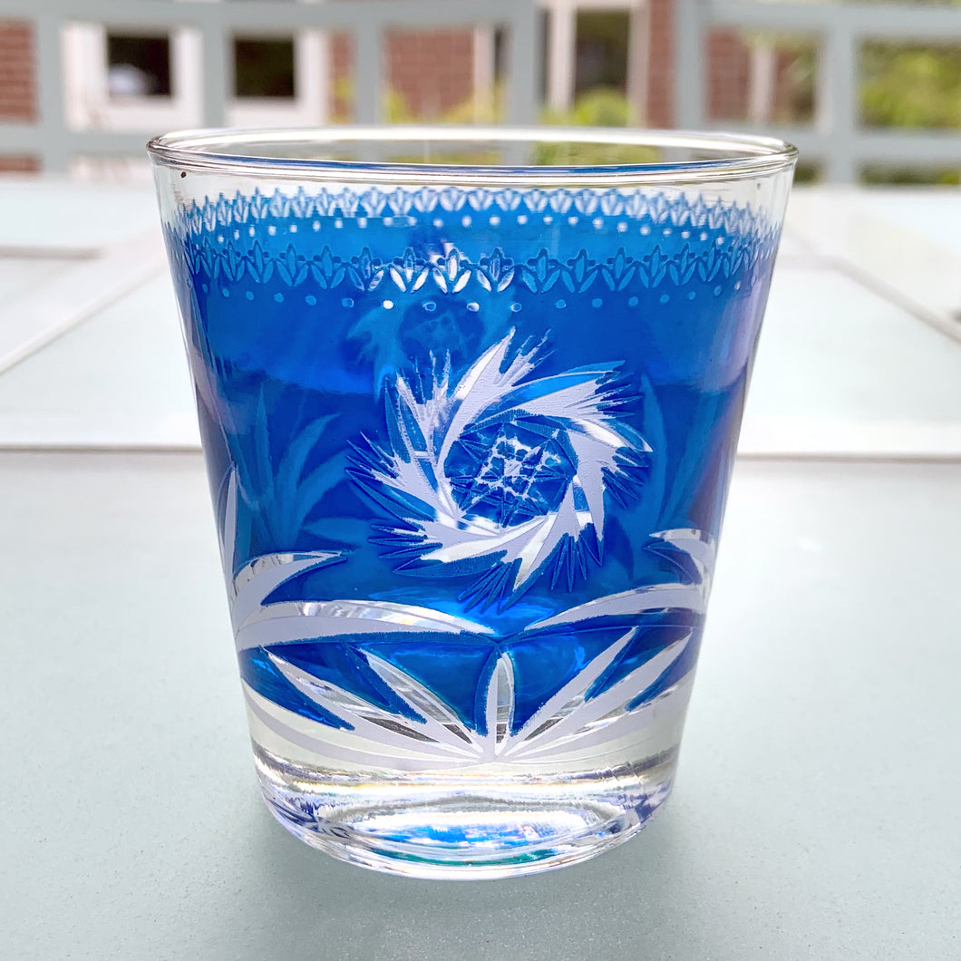 Vintage Mid Century Royal Cobalt Bohemian Cut Crystal Blue Atomic Pinwheel Palm Frond Leaf Leaves Pattern 8 Eight Set oz Low Lo Ball Whiskey Cocktail Glass Tableware Glassware Home Decor Boho Bohemian Shabby Chic Cottage Farmhouse Victoria Modern Industrial Retro Flea Market Style Unique Sustainable Gift Antique Prop GTA Eds Mercantile Hamilton Freelton Toronto Canada shop store community seller reseller vendor beverage  drink  Bar Barware Cart Mad Men Cocktail Happy Hour Party Frosted Entertain 1950s 1960s