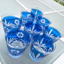 Load image into Gallery viewer, Vintage Mid Century Royal Cobalt Bohemian Cut Crystal Blue Atomic Pinwheel Palm Frond Leaf Leaves Pattern 8 Eight Set oz Low Lo Ball Whiskey Cocktail Glass Tableware Glassware Home Decor Boho Bohemian Shabby Chic Cottage Farmhouse Victoria Modern Industrial Retro Flea Market Style Unique Sustainable Gift Antique Prop GTA Eds Mercantile Hamilton Freelton Toronto Canada shop store community seller reseller vendor beverage  drink  Bar Barware Cart Mad Men Cocktail Happy Hour Party Frosted Entertain 1950s 1960s
