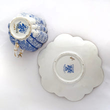 Load image into Gallery viewer, Rare and beautiful antique shell-shaped bone china, demitasse cup and saucer in the complex &quot;Daisy&quot; pattern in blue on white ground with gold details. Produced by JF Wileman England, circa 1889. Good condition, free from chips/cracks/crazing with ppropriate wear for its age. Stamped blue registration mark &quot;Rd117220&quot;, stamped black registration mark 115510, with painted mark &quot;6021&quot; in gold denoting the pattern name.  Teacup measures 3&quot; x 2&quot;. Saucer measures 4-7/8&quot;
