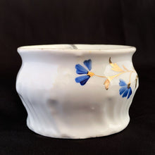 Load image into Gallery viewer, Vintage white porcelain shaving mug with blue flowers and gold leaves. Use as intended or repurpose as a toothbrush or make-up brush holder.  Unmarked.  In good vintage condition, no chips/cracks/repairs.  Dimensions: 3&quot; x 2&quot;
