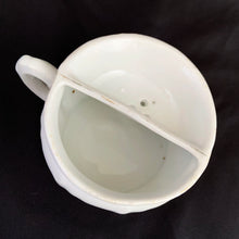 Load image into Gallery viewer, Vintage white porcelain shaving mug with blue flowers and gold leaves. Use as intended or repurpose as a toothbrush or make-up brush holder.  Unmarked.  In good vintage condition, no chips/cracks/repairs.  Dimensions: 3&quot; x 2&quot;
