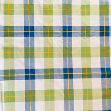 Load image into Gallery viewer, Bright and cheery white cotton linen vintage tablecloth with a plaid design of blue, green and yellow.   In excellent condition, free from tears/stains. One edge has a hand sewn repair.  Measures 48 x 67 inches 
