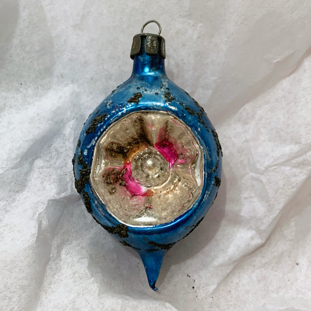 Vintage Hand Blown Blue Glass Teardrop w/ Silver Indent Reflector Christmas Ornament w/ Silver Scales