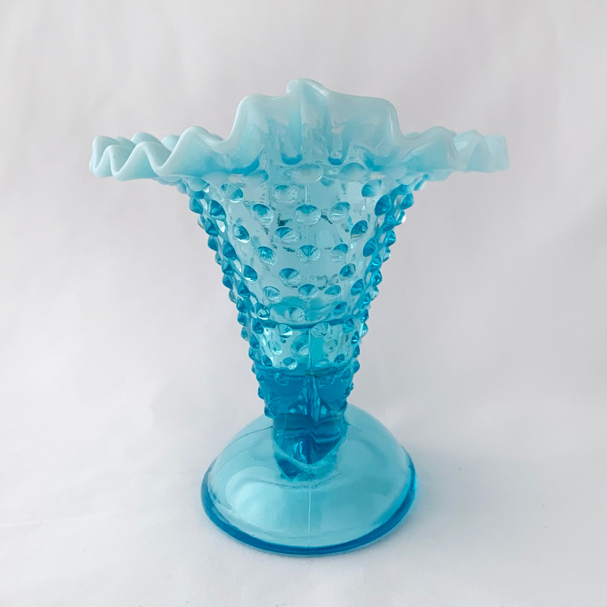 Vintage Blue Opalescent Hobnail Cornucopia, Fenton Art Glass, USA