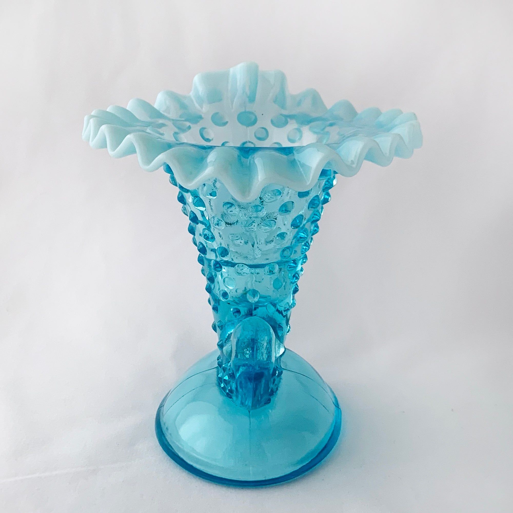 Vintage Blue Opalescent Hobnail Cornucopia, Fenton Art Glass, USA