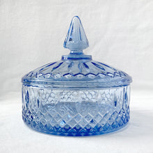 Load image into Gallery viewer, Vintage Garland Blue Glass Princess Candy Box and Lid Lidded Covered Pale Periwinkle Luminous Indiana Glass Co. Candy Nuts Catchall Vanity Dresser Cotton Balls Bath Bomb Glassware Tableware Housewares Serving Entertain Bowl Trinket Home Decor Boho Bohemian Shabby Chic Cottage Farmhouse Mid-Century Modern Industrial Retro Flea Market Style Unique Sustainable Gift Antique Prop GTA Hamilton Toronto Canada shop store community seller reseller vendor

