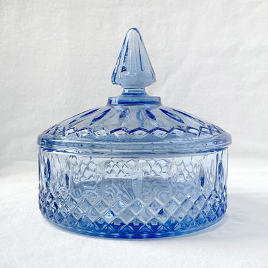 Vintage Garland Blue Glass Princess Candy Box and Lid Lidded Covered Pale Periwinkle Luminous Indiana Glass Co. Candy Nuts Catchall Vanity Dresser Cotton Balls Bath Bomb Glassware Tableware Housewares Serving Entertain Bowl Trinket Home Decor Boho Bohemian Shabby Chic Cottage Farmhouse Mid-Century Modern Industrial Retro Flea Market Style Unique Sustainable Gift Antique Prop GTA Hamilton Toronto Canada shop store community seller reseller vendor