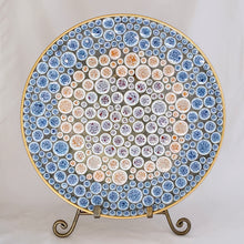 Load image into Gallery viewer, A lovely vintage mid-century mosaic tile dish in shades of blue, purple and rust on white multi-sized round shaped tiles. Perfect as wall art or a dish. A great retro decor piece from the 50s!   In excellent condition.  Measures 12&quot;
