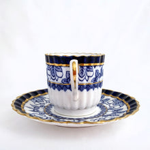 Load image into Gallery viewer, Antique porcelain demitasse cup and saucer hand painted in cobalt blue and white florals, geometric band with gold gilt details. The cup has a lovely vertically ribbed or scalloped shape. Produced by Spode Copeland, England, circa 1900.  In excellent condition, free from chips/cracks/repairs. Impressed, stamped and painted marks.  Dimensions of cup 2&quot; x 2&quot; and saucer is 4-1/2&quot;
