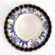 Load image into Gallery viewer, Antique porcelain demitasse cup and saucer hand painted in cobalt blue and white florals, geometric band with gold gilt details. The cup has a lovely vertically ribbed or scalloped shape. Produced by Spode Copeland, England, circa 1900.  In excellent condition, free from chips/cracks/repairs. Impressed, stamped and painted marks, see photos.  Measurements: cup 2 x 2 inches, saucer 4 1/2 inches
