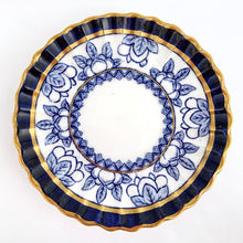 Load image into Gallery viewer, Antique porcelain demitasse cup and saucer hand painted in cobalt blue and white florals, geometric band with gold gilt details. The cup has a lovely vertically ribbed or scalloped shape. Produced by Spode Copeland, England, circa 1900.  In excellent condition, free from chips/cracks/repairs. Impressed, stamped and painted marks, see photos.  Measurements: cup 2 x 2 inches, saucer 4 1/2 inches
