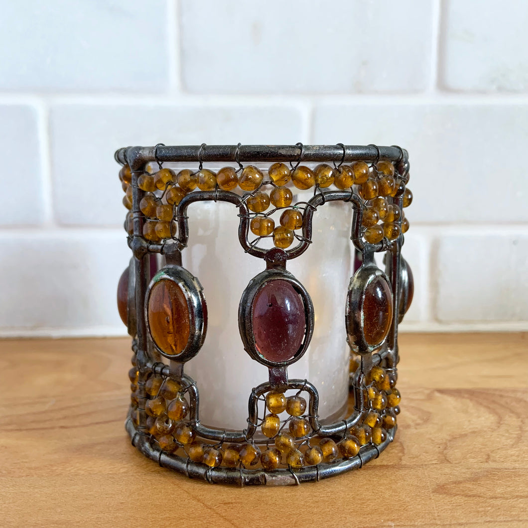 Vintage Style Bohemian Amber Glass Beaded Metal Candle Votive Holder with Glass Insert