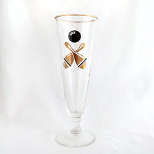Load image into Gallery viewer, If you have a bowler and beer lover in your life, we&#39;ve got the glasses! This is a set of vintage pilsner glasses illustrated with a black bowling  and gold pins graphic .  In excellent condition, free from chips/cracks/wear.  Measures 8-1/2&quot;
