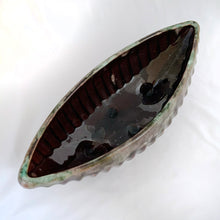 Load image into Gallery viewer, A fantastic large oblong gondola shaped footed pottery planter in brown drip glaze with vertical rib details. Produced by Beaceware, Canada. This unusual 1960s vintage planter would be a beautiful vessel for your favourite houseplants or succulents or use it as a console bowl or catchall. Whatever you choose, it will make a wonderful decorative piece.  In excellent condition, free from chips or cracks. Marked &quot;BEAUCE 1756 CANADA&quot;  Measures 13 5/8 x 5 1/4 x 4 inches
