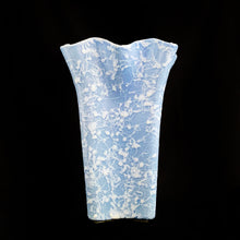 Load image into Gallery viewer, This gorgeous vintage mid-century ceramic Wedgwood blue and satin white splatter glazed square vase with ruffled edge (shape 2513) is part of the Cameo Ware Sorcery line produced by Shawnee Pottery USA, circa 1950. What can we say, it&#39;s absolutely fabulous and any floral arrangement would be fortunate to find itself on display in this vessel!  In excellent condition, free from chips/cracks/repairs.  Measures approximately 5 3/4 x 8 3/4 inches
