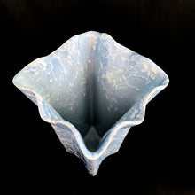 Load image into Gallery viewer, This gorgeous vintage mid-century ceramic Wedgwood blue and satin white splatter glazed square vase with ruffled edge (shape 2513) is part of the Cameo Ware Sorcery line produced by Shawnee Pottery USA, circa 1950. What can we say, it&#39;s absolutely fabulous and any floral arrangement would be fortunate to find itself on display in this vessel!  In excellent condition, free from chips/cracks/repairs.  Measures approximately 5 3/4 x 8 3/4 inches
