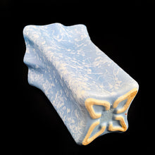 Load image into Gallery viewer, This gorgeous vintage mid-century ceramic Wedgwood blue and satin white splatter glazed square vase with ruffled edge (shape 2513) is part of the Cameo Ware Sorcery line produced by Shawnee Pottery USA, circa 1950. What can we say, it&#39;s absolutely fabulous and any floral arrangement would be fortunate to find itself on display in this vessel!  In excellent condition, free from chips/cracks/repairs.  Measures approximately 5 3/4 x 8 3/4 inches
