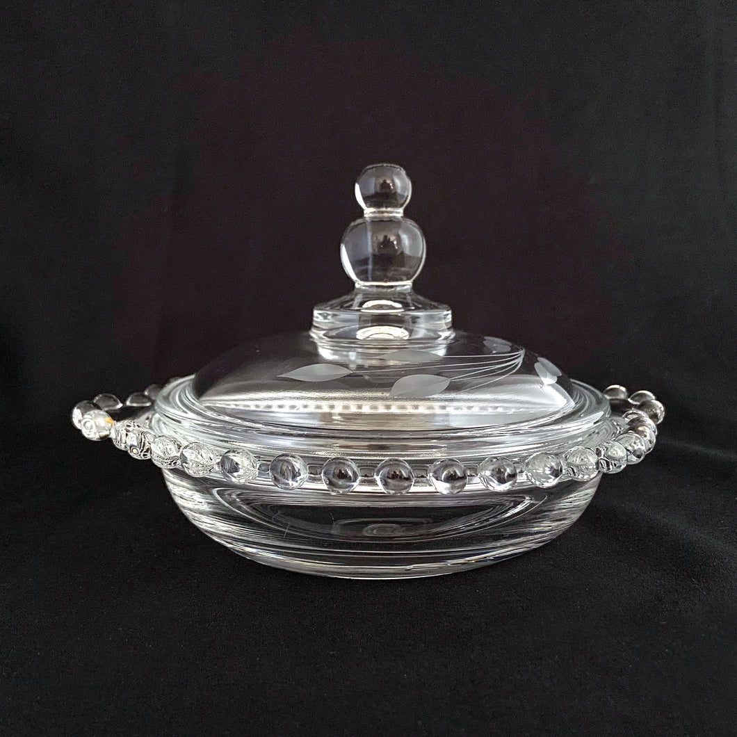 Beautiful vintage round Imperial Candlewick covered butter dish with tab-handles (shape 400/144) cut in WJ Hughes 12-petalled 