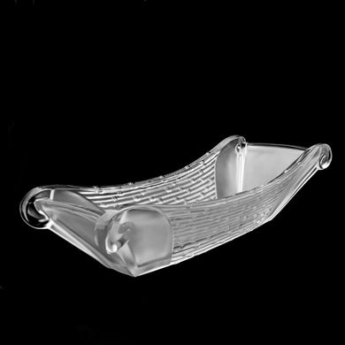 Stunning vintage mid-century Chinoiserie style Cathay junk flower box in clear and frosted glass. This pressed glass vessel is reminiscent of the traditional Asian junk flower boat and is decorated in a bamboo pattern and graceful scrolls at each end. Designed and signed on the side by Virginia B Evans for the Imperial Glass-Ohio, produced between 1949 - 1962. Excellent condition free from chips/cracks except for 1 minor flea bite to the base which is virtually unnoticeable. Measures 14-1/2 x 2-3/8 inches