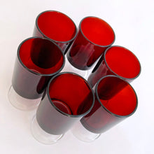 Load image into Gallery viewer, Vintage set of six (6) &quot;Cavalier Ruby&quot; liqueur or shot glasses in a luscious deep ruby red  with clear footed crystal stems. Made by Cristal D&#39;Arques-Durand, France.  Each glass is in excellent condition, no chips or cracks. Marked &quot;France&quot; on the bottom.  Size: 1-1/8&quot; x 2-7/8&quot;
