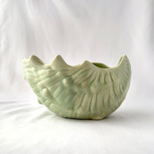 Load image into Gallery viewer, Vintage Celadon blue green glazed ceramic pottery seashell planter. Produced by UFC, Canada, circa 1970s. The perfect colour and shape for coastal decor. May be used for small houseplants, succulents or as decor piece.  In excellent condition, free from cracks/repairs. Minor chip on the rim.  Measures 7 x 4 5/8 x 4 inches
